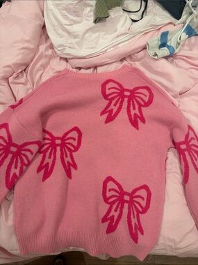Source Unknown Pink Bow-Print Crewneck Sweater